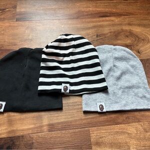 Triple Beanie Set — Black, Gray & Black/White Stripe
